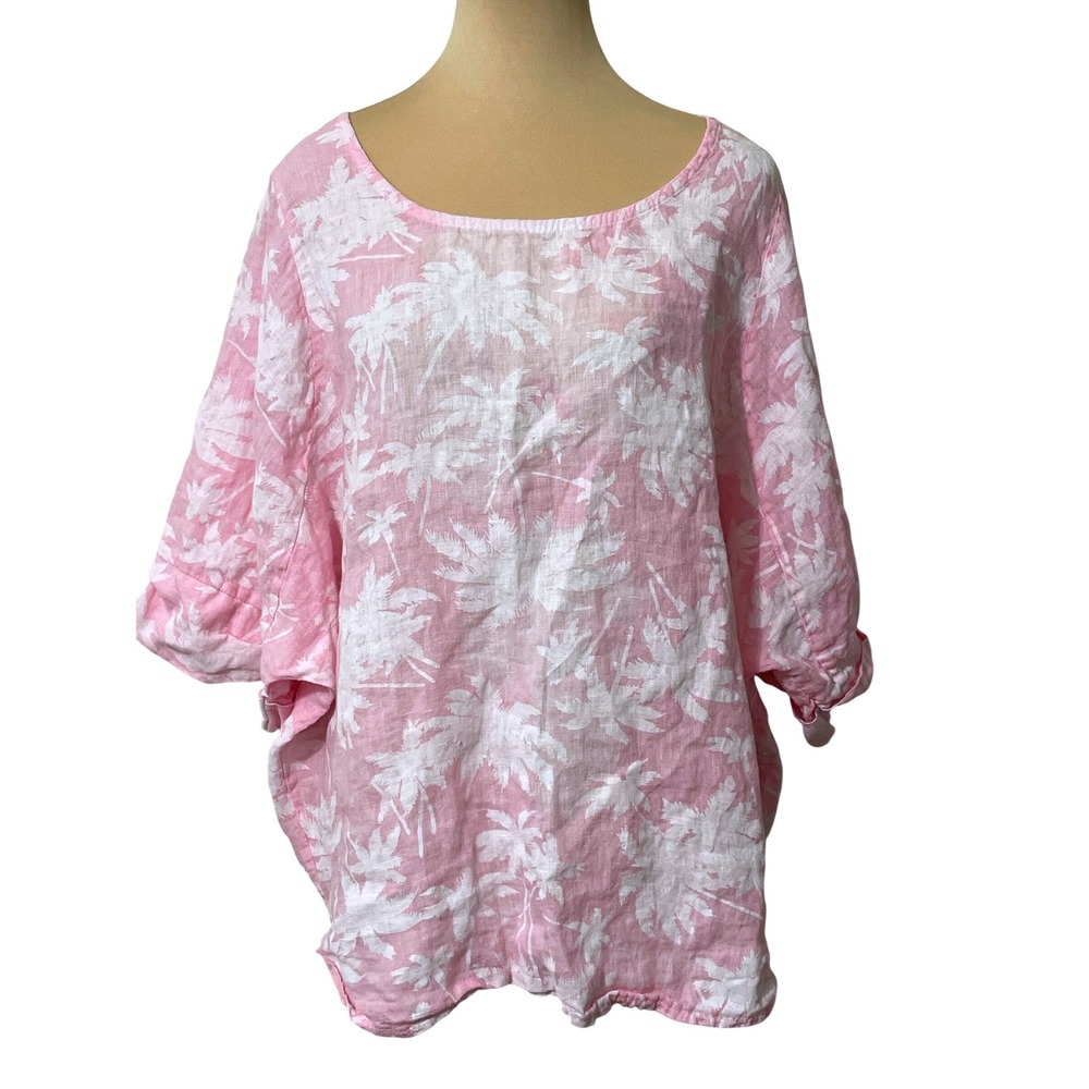 Made in Italy‎ Linen Palm Tree Print Top TU Pink Coastal Grandma Casual Tropical